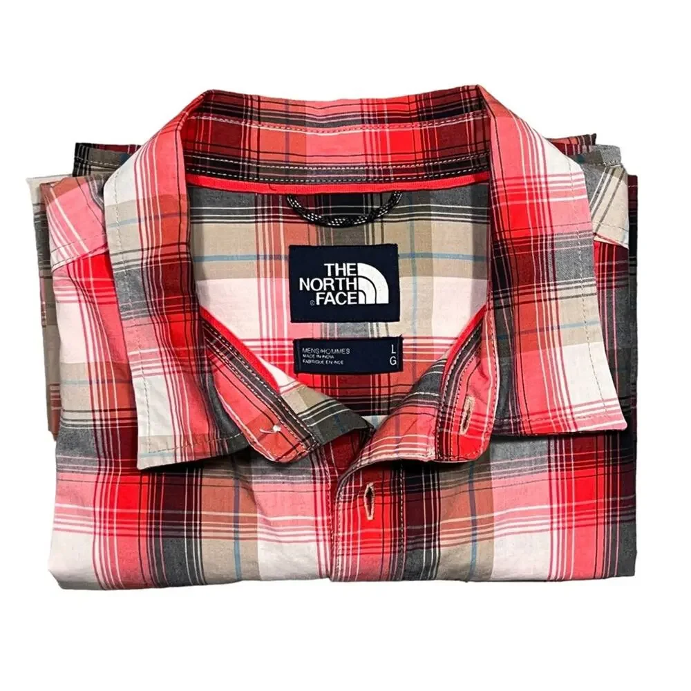 The North Face Red Black Tan Plaid Short Sleeve Button Down Shirt Men Size Large